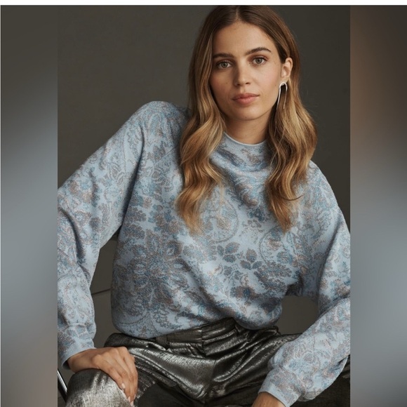 Anthropologie Beatriz Mock Neck Sweater Lurex Edition Blue SilverGray Size M - Picture 3 of 13